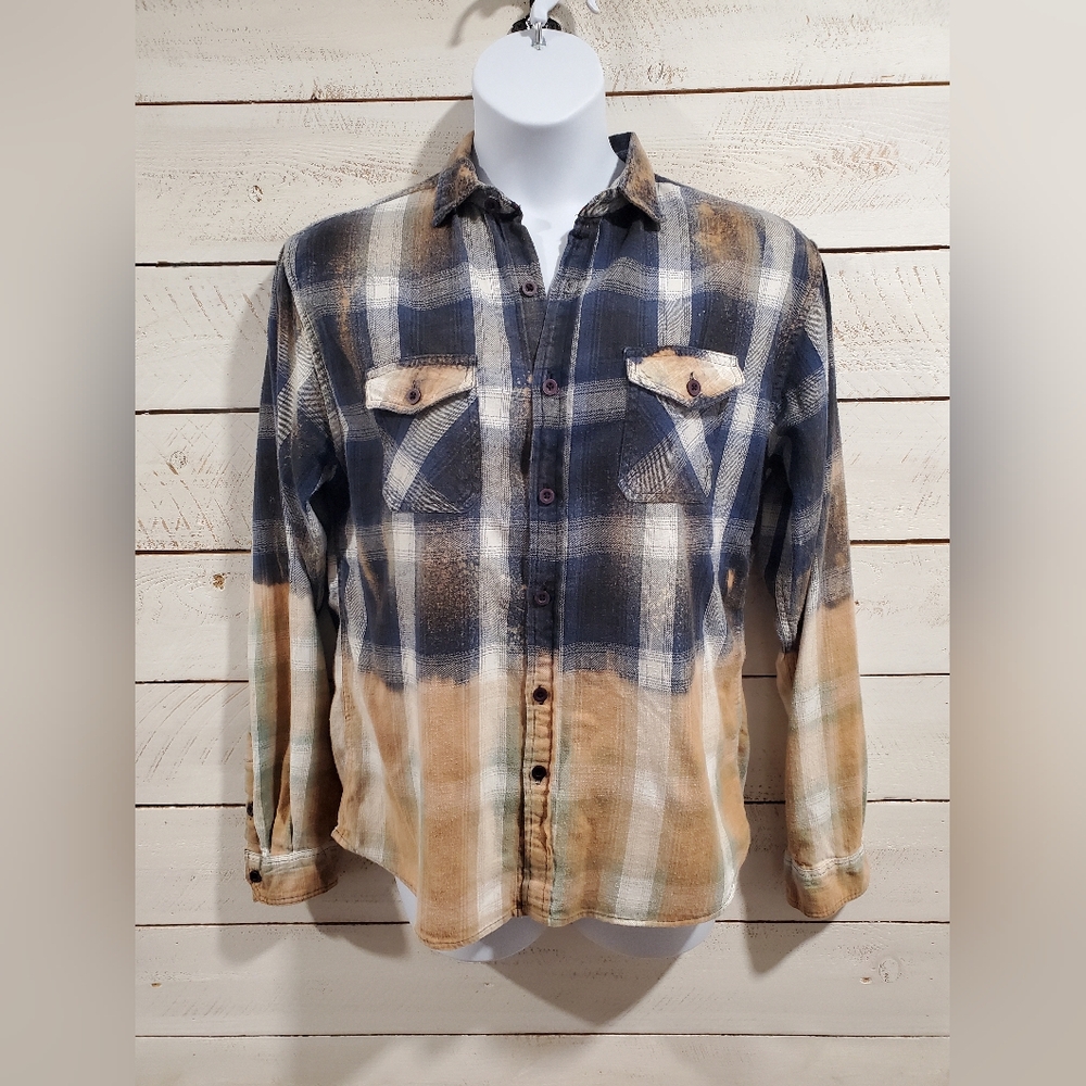 Upcycled / Recycled Flannel Plaid Shirt with Lucky Brand orange/peach patch